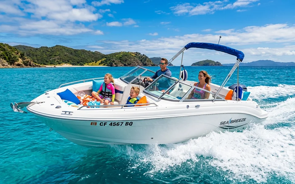 White motorboat cruising across blue water