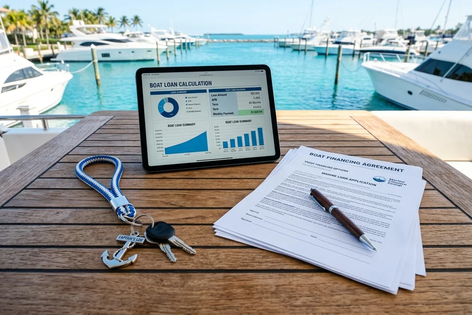 Tablet displaying boat loan calculations and boat keys on a sunlit teak deck table