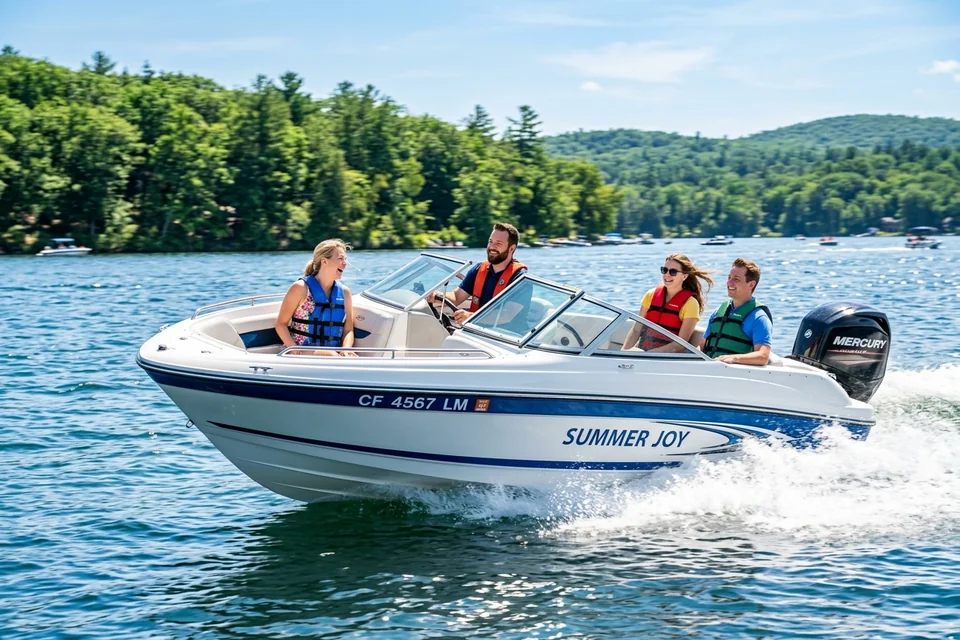 Happy family cruising smoothly in an outboard boat across shimmering blue lake water