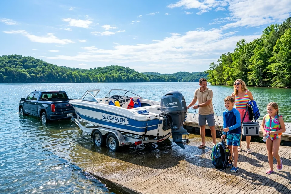 Family launching their modern boat from a trailer down a concrete ramp into a clean lake