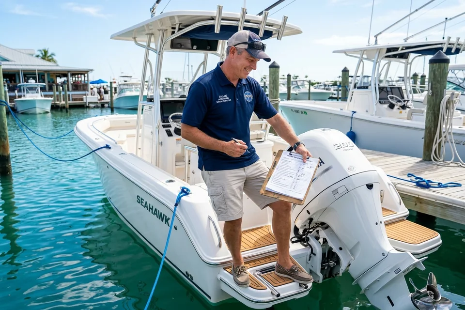 Certified marine surveyor inspecting a pre-owned boat engine at a sunny marina