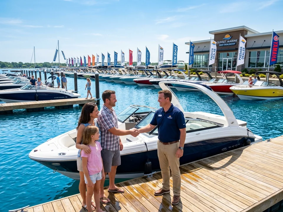Marine dealership on a sunny day with new boats and customer talking with dealer