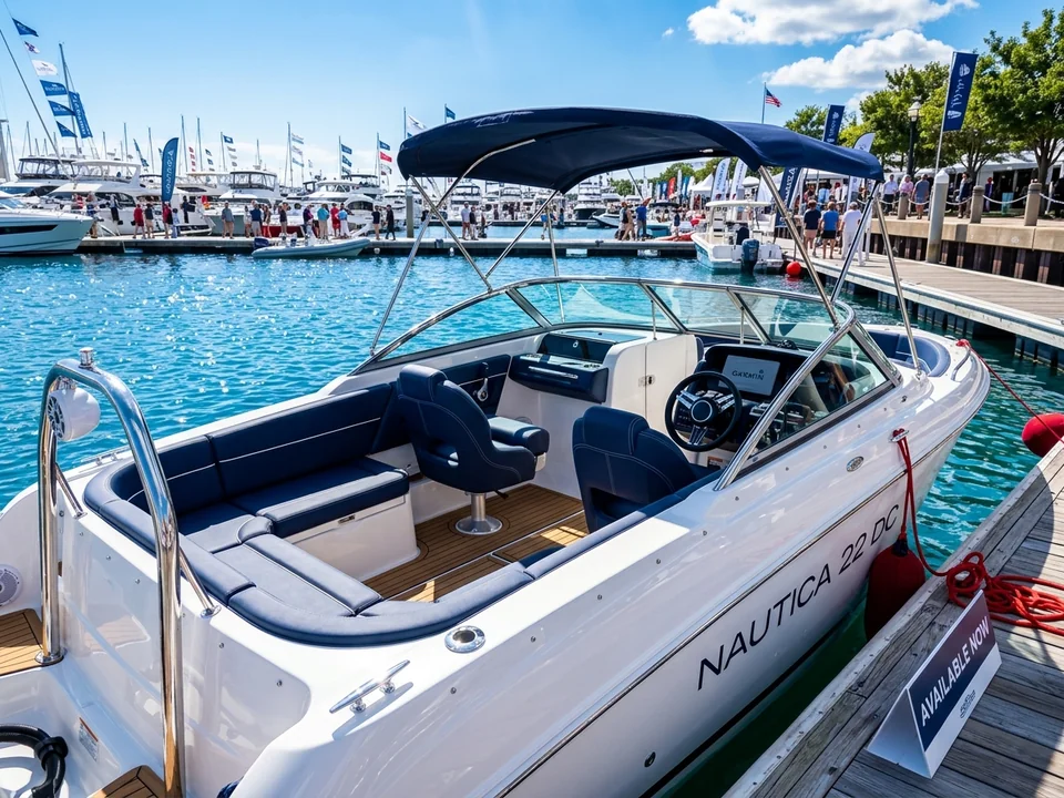 Brand new dual-console motorboat on display at a sunny boat show marina