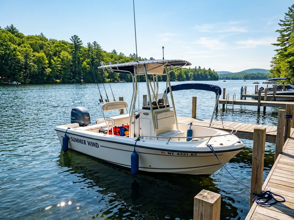 Well-maintained pre-owned center-console boat moored at a sunny lake dock