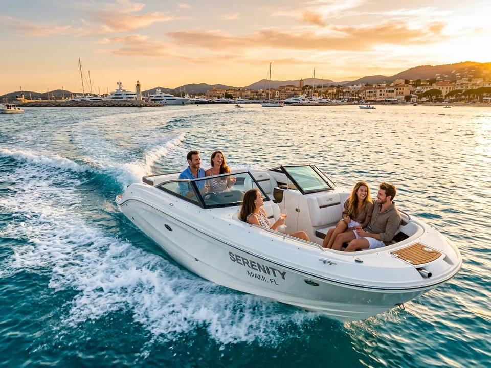 Luxury bowrider boat cruising smoothly into a golden sunset glow across turquoise waters